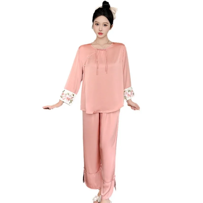 Ice Silk Chinese Style Pajamas Women\'s Spring/summer Thin Long Sleeved Pants New Ancient Solid Color Home Wear Set Nightshirt