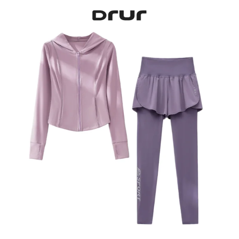 DRUR Autumn Winter Yoga Set 2 Piece Long Sleeve Sports Jacket Leggings Women Tracksuit Breathable Sportswear Outfit Activewear