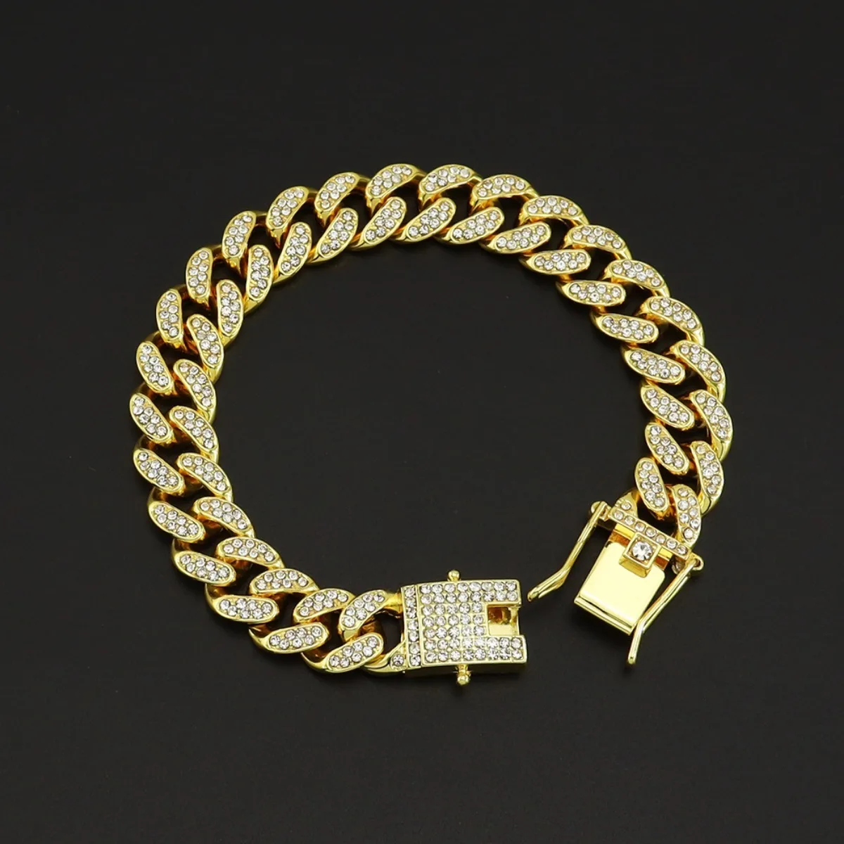 Cuban Chain Studded with Rhinestone Golden Alloy Thick Bracelet Hip Hop Heavy Metal Cool Men's Popular Chain Bracelet Clasp image 6