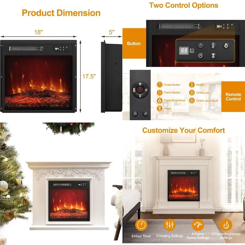 

Электрическая каминная вставка 18 с дистанционным управлением, малошумным нагревателем, регулируемой температурой и пламенем, таймером 8 часов, 110 В/1500 Вт, черный