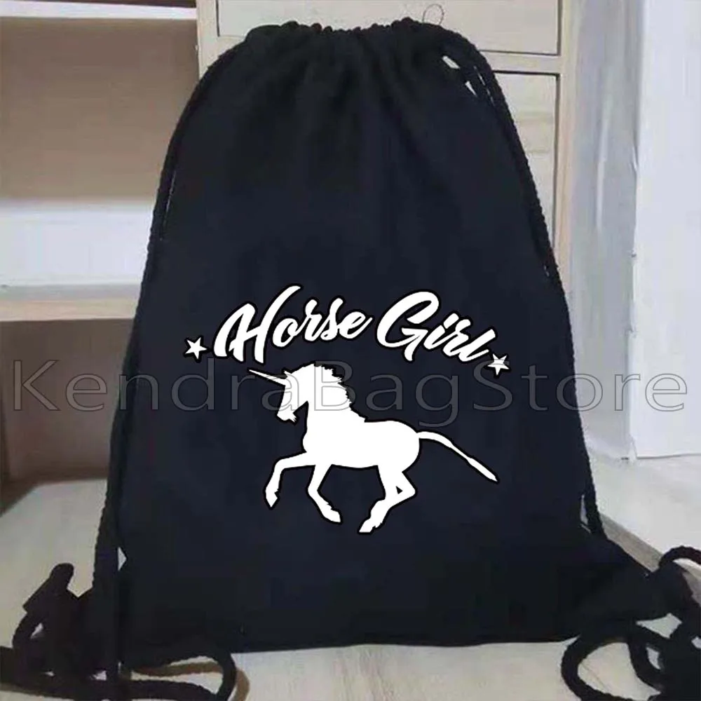 馬を愛した少女キャンバス巾着バックパックカラフルな馬ガールレーシング乗馬ギフトスポーツジムサックパックバッグ