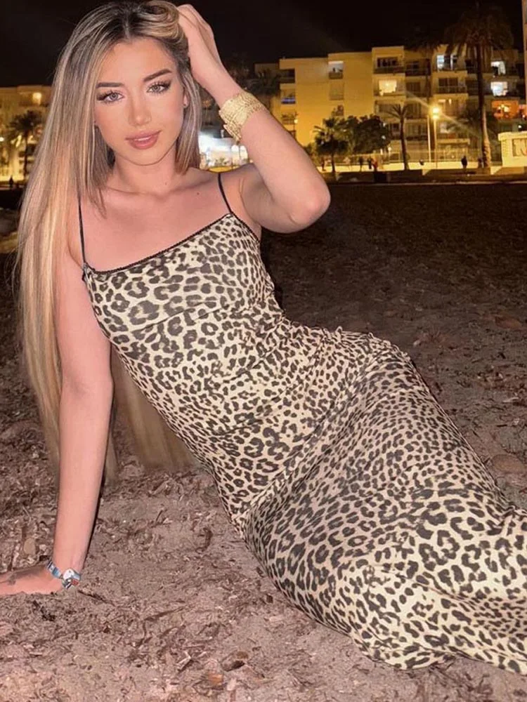 2025 Fashion Leopard Print Slips Backless Sexy Bodycon Maxi Dress Summer Women Casual Clothes Beach Party Vacation Club