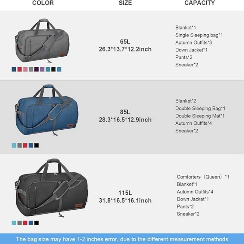 Canway Bolsa de viaje de 65 litros, bolsa de fin de semana plegable con compartimento para zapatos para hombres y mujeres, resistente al agua y al