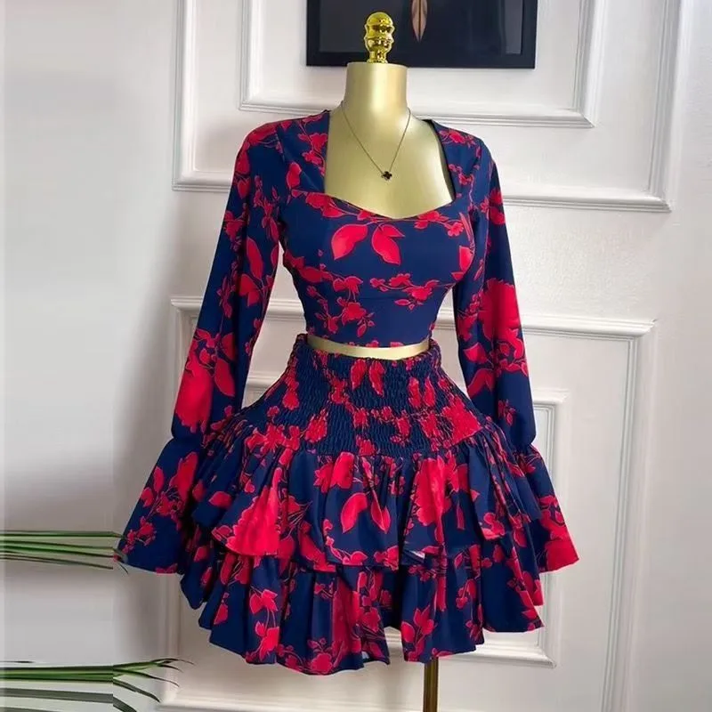 Women Print Long Sleeve Top & High-Waist Short Skirt Two-Piece Sets Elegant Casual Chic Waist-Cinching Daily Wear 2025 Trendy