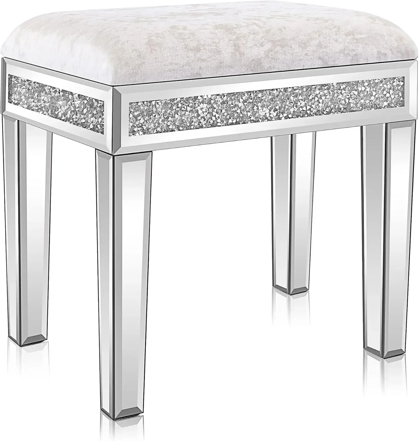 Mirrored Vanity Stool with Storage, Upholstered Velvet Ottoman, Makeup Dressing Table Bench with Sparking Diamonds, Silver