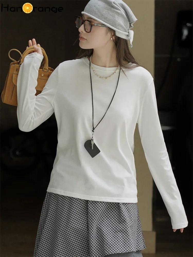 

HanOrange 2025 Early Autumn Simple Lazy White Basic O-neck Long Sleeved T-shirt Women Delicate Smooth Top Tees