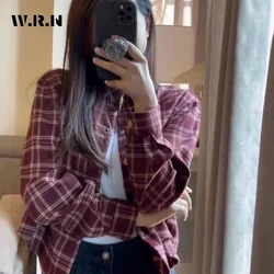 2025 Spring Casual Style Plaid Turn-down Collar Blouses Korean Women's Single Breasted Loose Fit Long Sleeve Chic Shirts