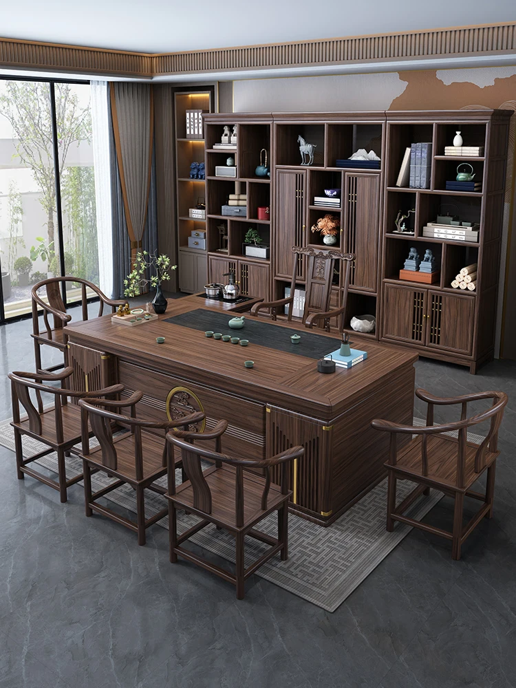 New Chinese style tea table and chair combination: one table, five chairs, solid wood tea table, tea set,  office tea table