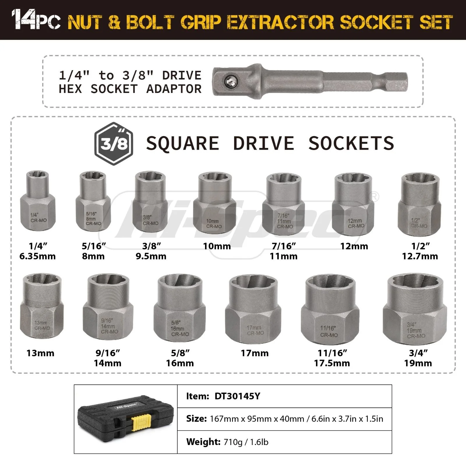 Oi-especificação 14pc impacto danificado parafuso porca removedor de parafuso extrator ferramenta de soquete kit remoção conjunto parafuso porca remoção chave de soquete