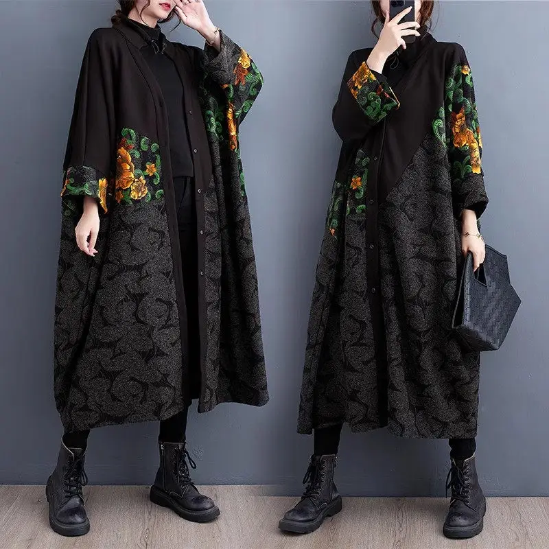 

Extra Large Size Korean Printed Loose Sleeved Trench Coat 2023 Autumn Lazy Irregular Long Women Retro Printed Windbreker z2827