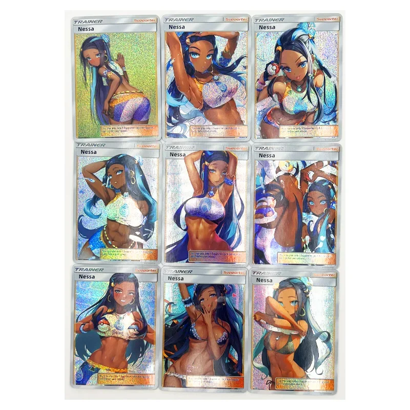 9Pcs/set Pokemon Girl Trainer Flash Card Sexy Kawaii Anime Beautiful Girls Game Rare Card Anime Collection Card Gift for Friends