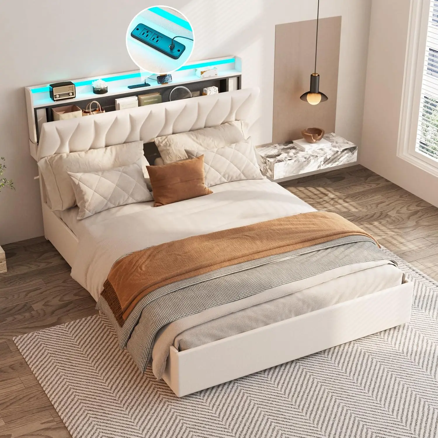 Lift Up Storage Bed Frame, Height Adjustable Storage Headboard with Charging Station, LED Lights Upholstered Platform Bed