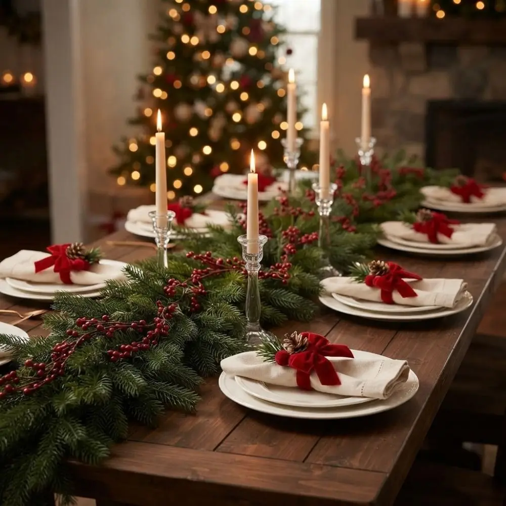6PCS Fabric Craft Christmas Napkin Rings Pinecone Pine Needle Red Bow Napkin Rings Realistic Simulation Festive Napkin Buckle
