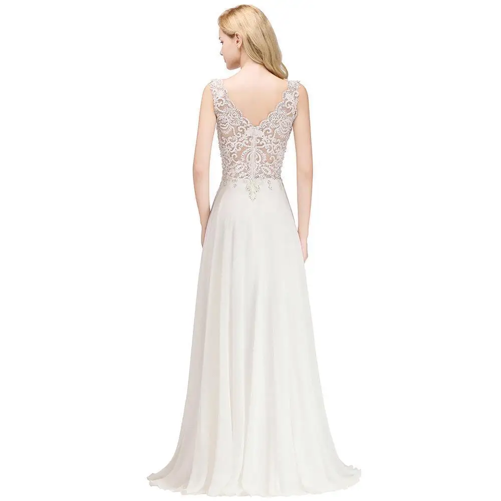 FATAPAESE Wedding Dresses V-Neckline Appqulies Stones Bodice Sleeveless Sexy V- Back A-line MaxiChiffon Wedding Ball Gowns