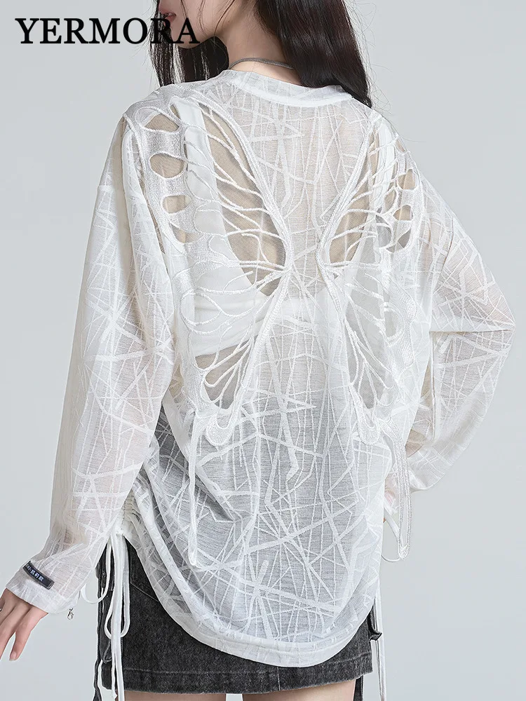 

YERMORA White Back Hollow Out Butterfly Casual T-shirt For Women O-neck Long Sleeve Loose New Tops Fsahion Tide Spring Summer