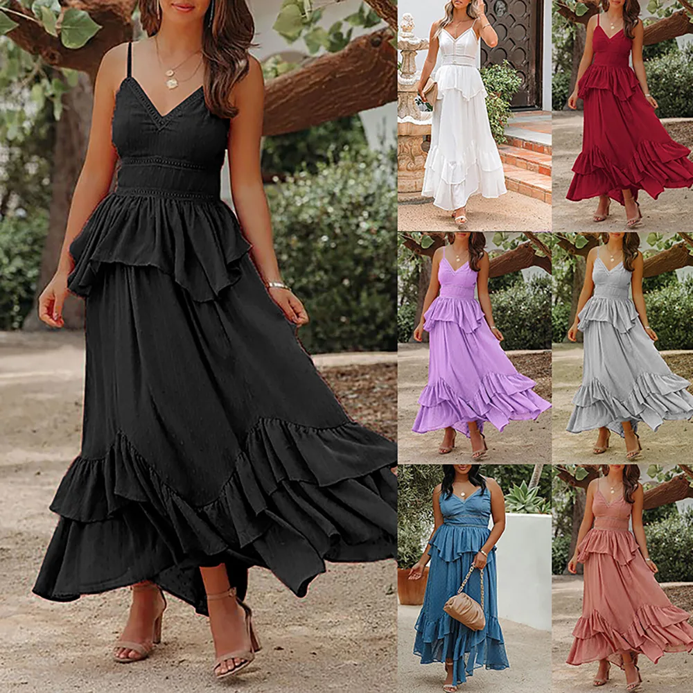 The new summer dresses 2022 pure color condole belt v-neck splicing irregular posed dress