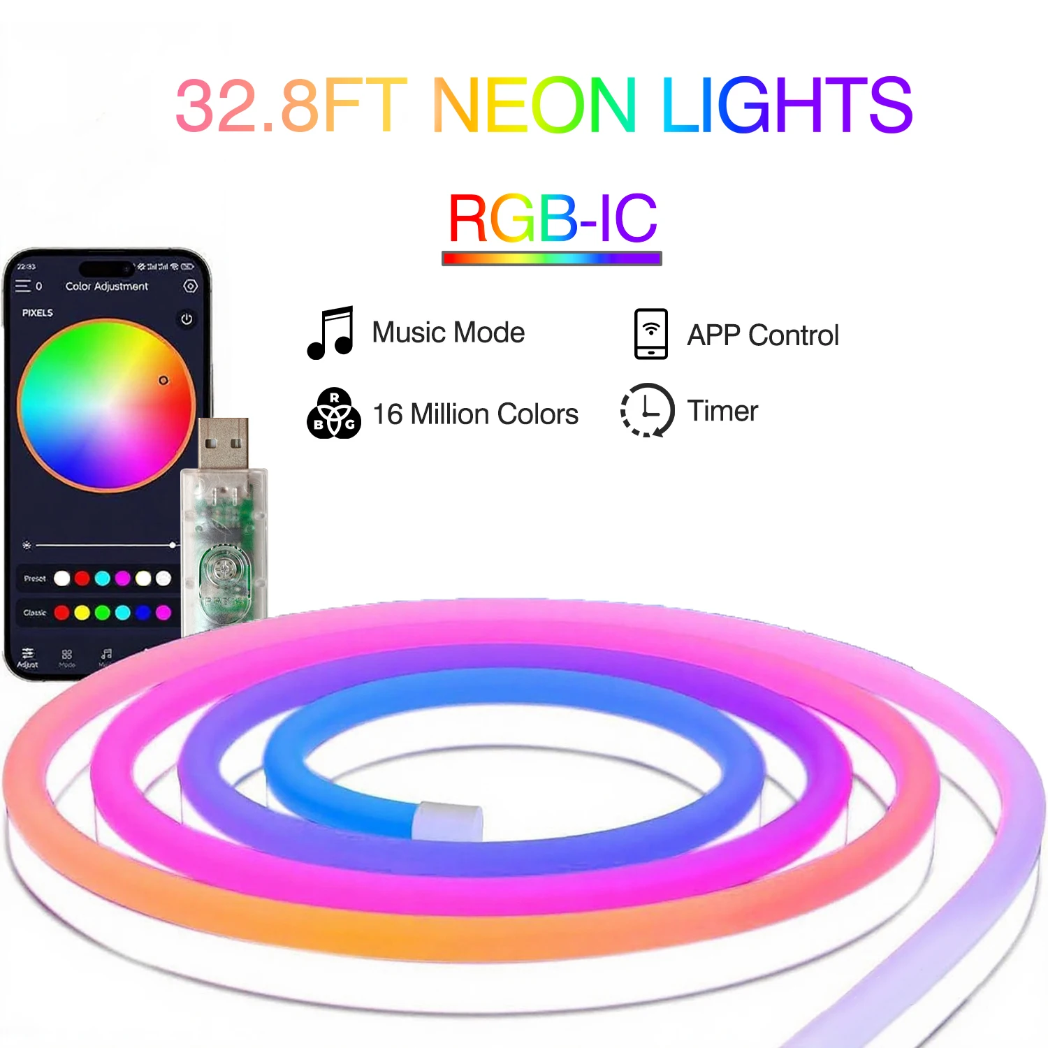 DC5V USB RGBIC Neon LED Strip,10M RGBIC Neon Rope Light with Bluetooth App and Remote control For DIY Neon