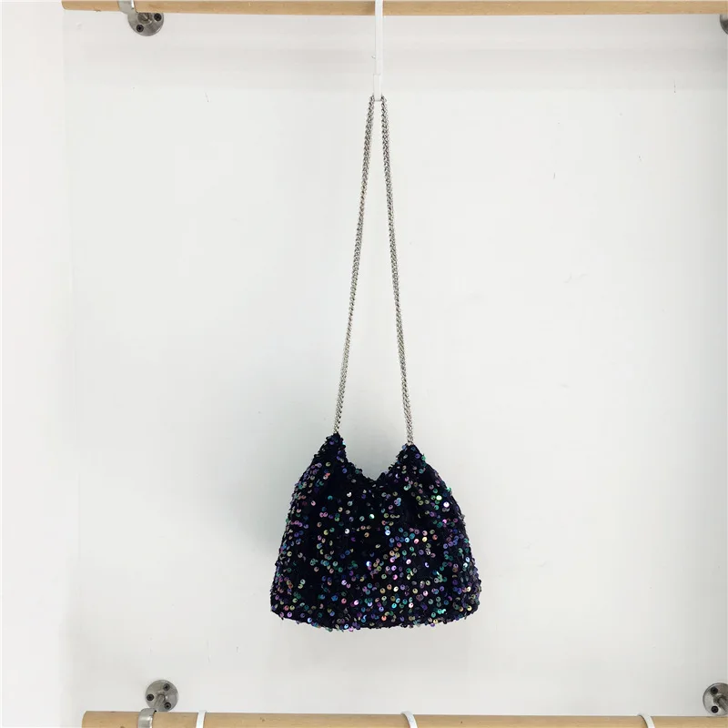 Moda Lantejoula Bucket Bag com corrente, Crossbody Bag, Verão