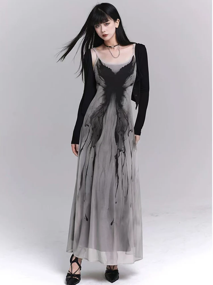 Retro Ink Butterfly Tie Dye Camis Dress Women Summer Slim Sleeveless Midi Dress Y2K Korean Sweet Mesh Spaghetti Straps Vestidos
