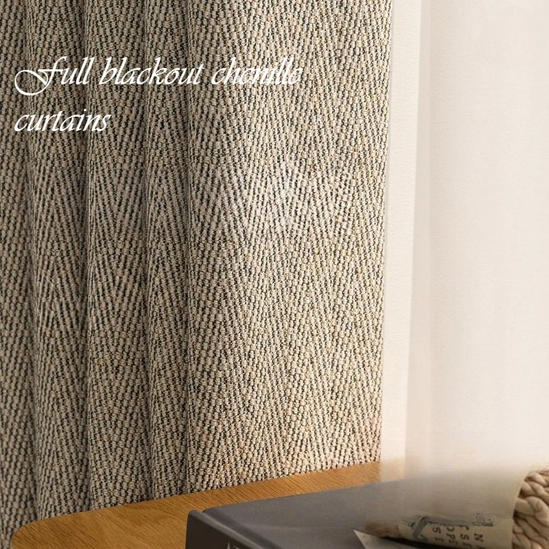 

Cotton and Linen Texture Full Blackout Chenille Curtains for Bedroom and Living Room French Light Luxury Modern Velvet Sheer