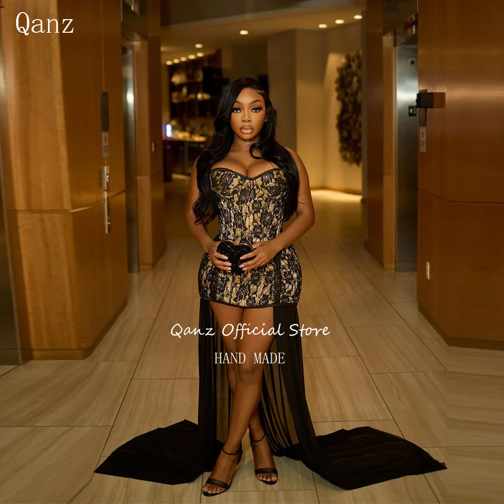

Qanz Sexy Prom Dress Black Lace Appliques Mini Birthday Dresses Luxury 2026 Sweetheart Short Vestidos De Fiesta Customized