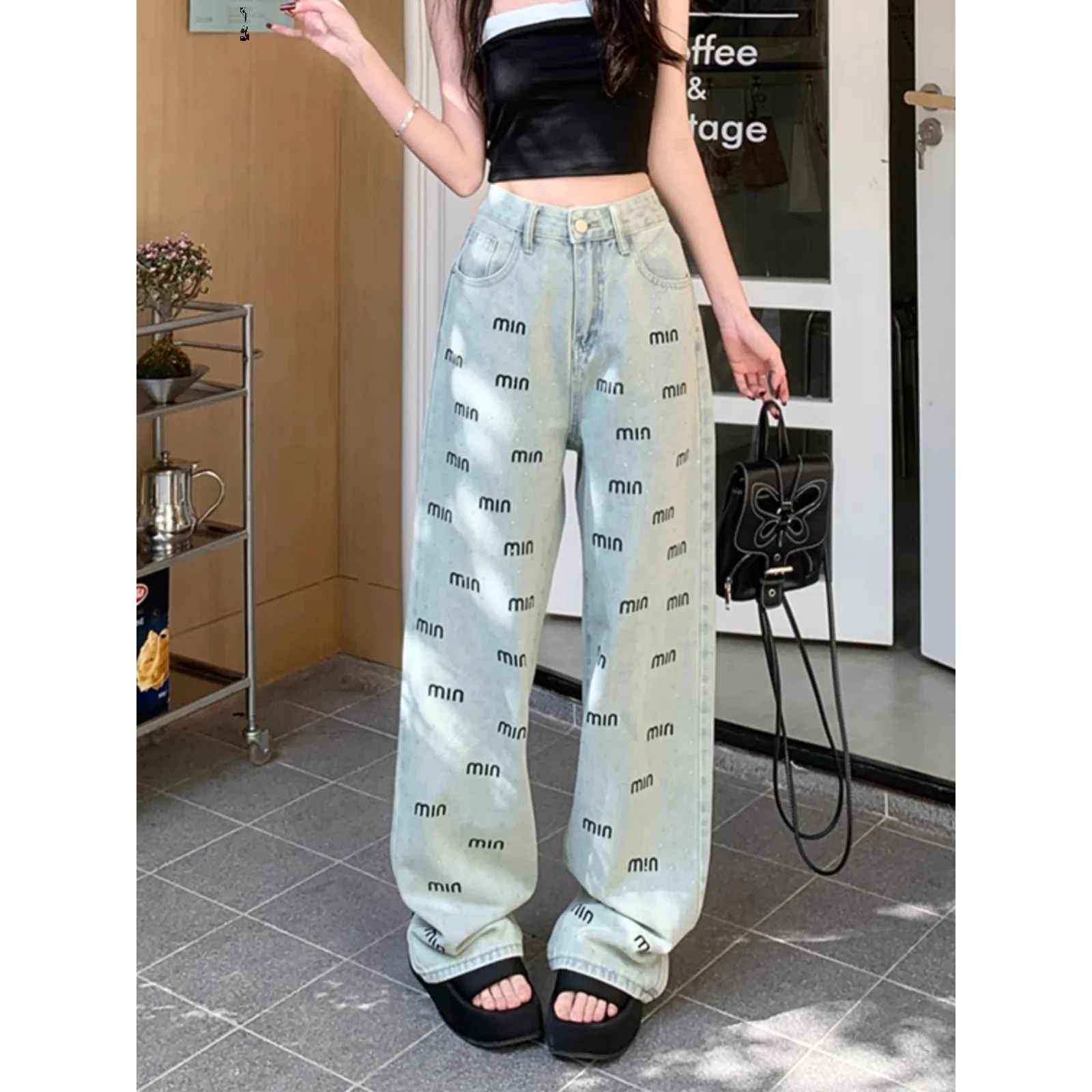 Hot selling narrow edition letter hot diamond high waisted denim straight leg pants for women's new fashionable wide leg pants