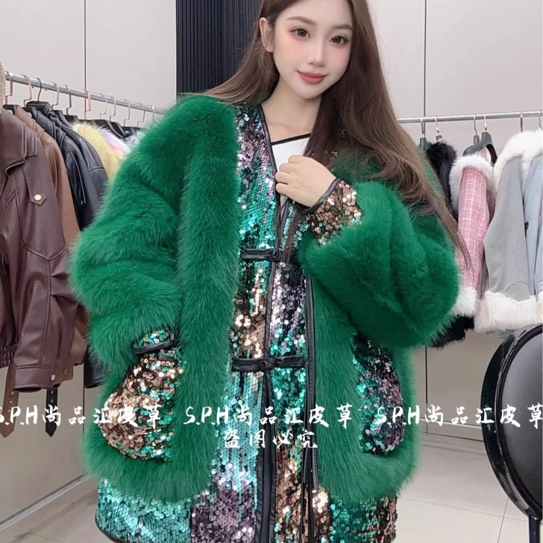 Green Pocket Faux Fur Coat Winter New Vintage Faux Fur Jacket Women's Short Fashionable Sequin Patchwork Elegant Faux Fur Coat