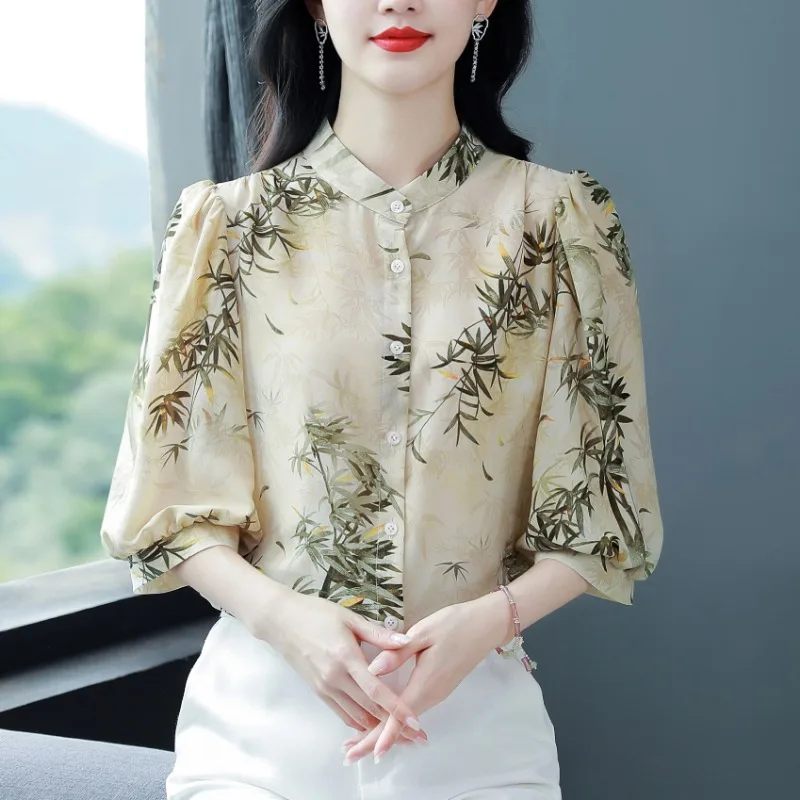 

Chiffon Chinese Style Women's Shirt Summer Printed Vintage Blouses Loose Short Sleeve Women Tops Fashion Clothing