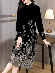 Women Black Velvet Chic Embroidery Floral Long Dress Autumn Winter Luxury Party Evening Dress 2024 Korean Elegant Bodycon Dress