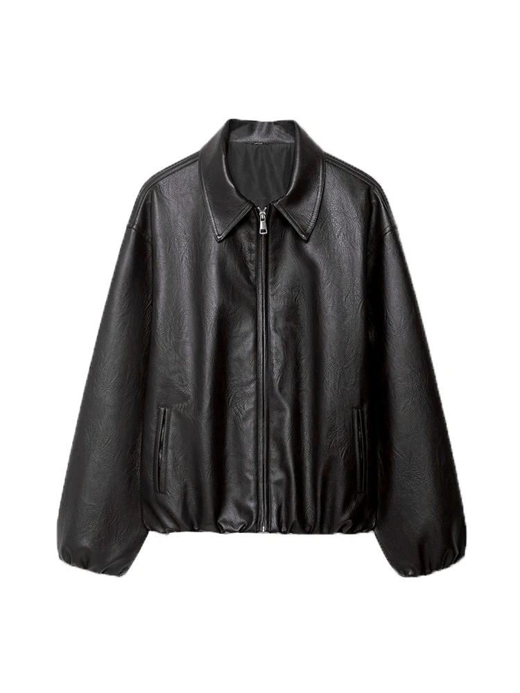 Women's Faux Leather Bomber Jacket Long Sleeve Chic Outerwear Elastic Hem Female Fashion Top