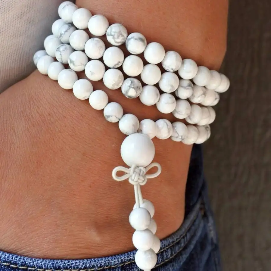 

Natural White Howlite 108 Beads Mala Bracelet with Chinese Knot Spiritual Jewelry
