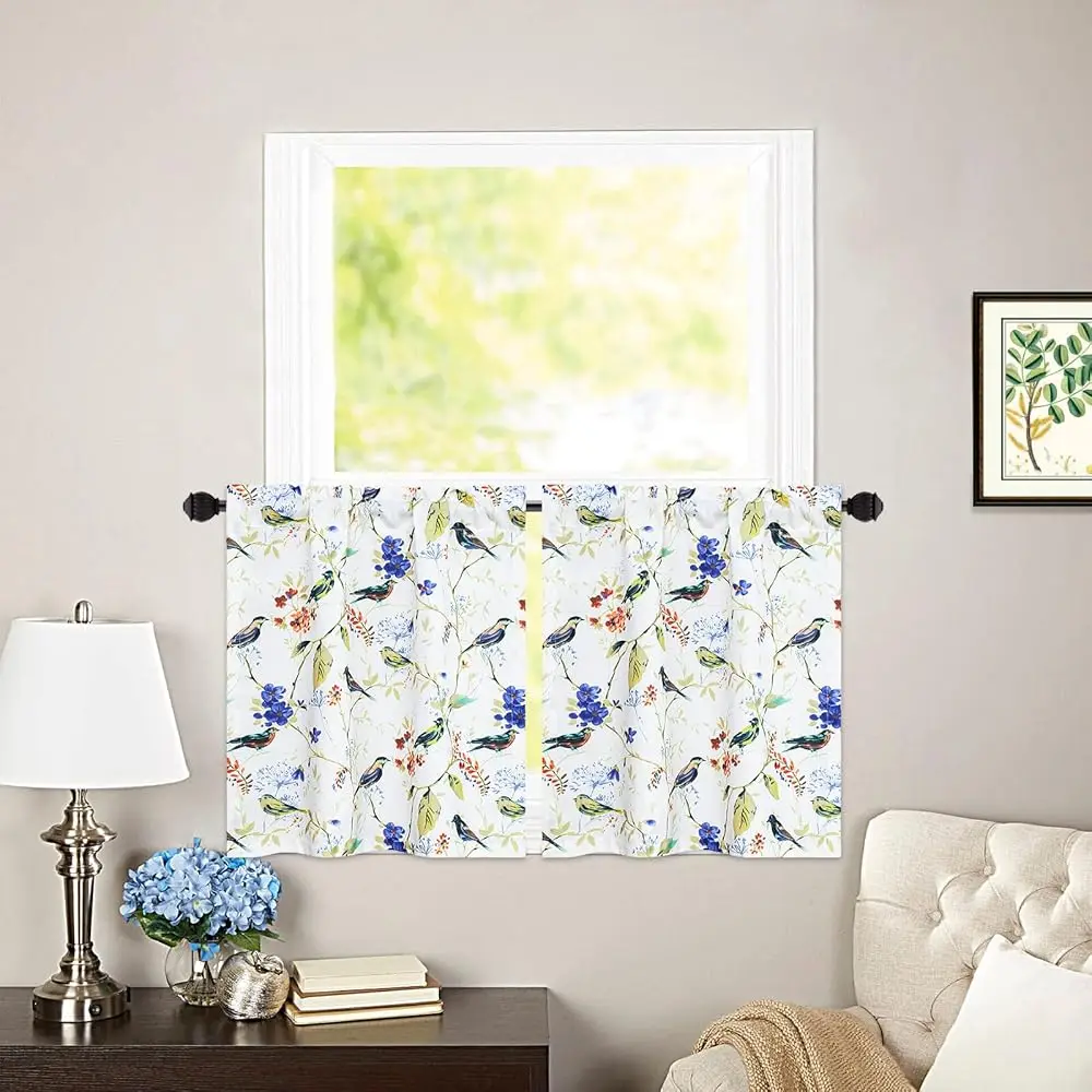 

Kitchen Ains 30 H Length, Blue Birds Print Linen Texture Mini Tier Ains For Living Room Bathroom Cafe Door Windows, 30X30, 2