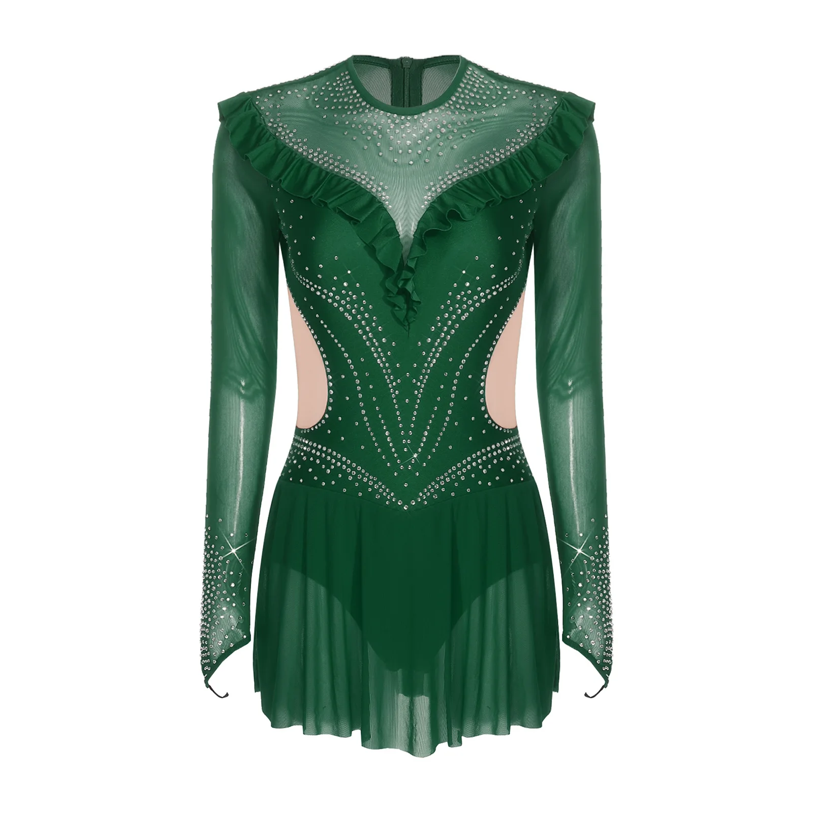 Damen Eiskunstlauf-Kostüm Rhythmische Gymnastik Ballett-Trikot Glänzendes Strass-Netz Langarm Latein Jazz Tanzkleid