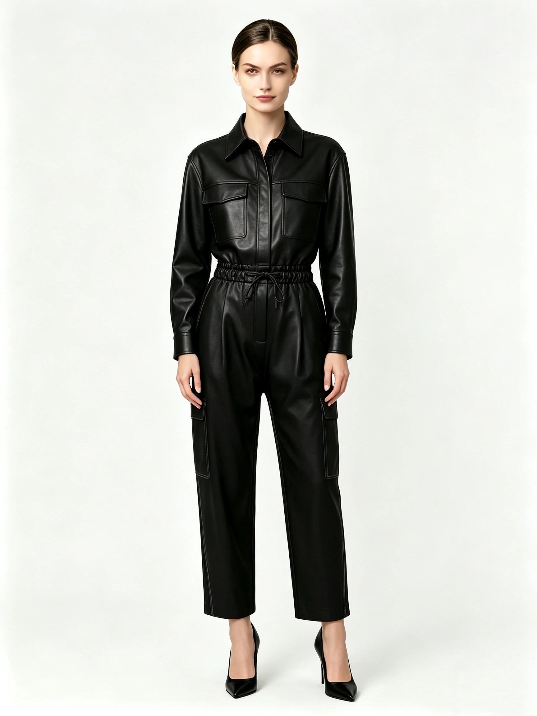 Luxury Black Faux Leather Utility Jumpsuit with Chest Pockets and Drawstring Waist