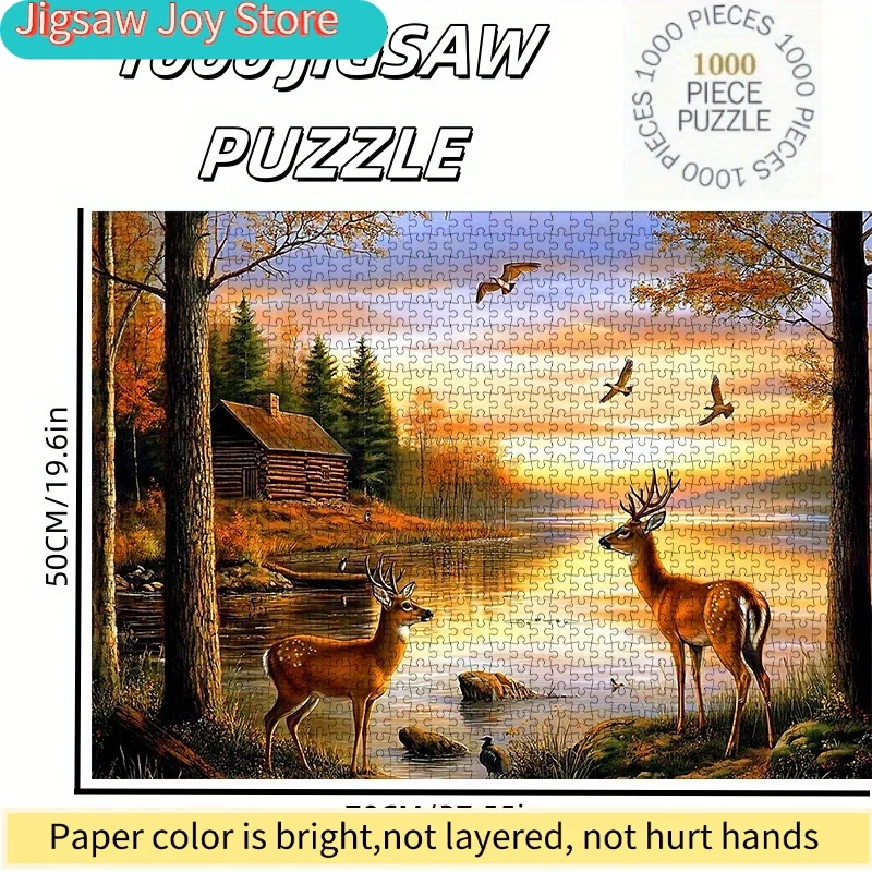 1000pcs DIY Paper Puzzle, Forest Lake Deer and Bird Sunset High-Quality White Card Material, Suitable for Parent-Youngsters Pu