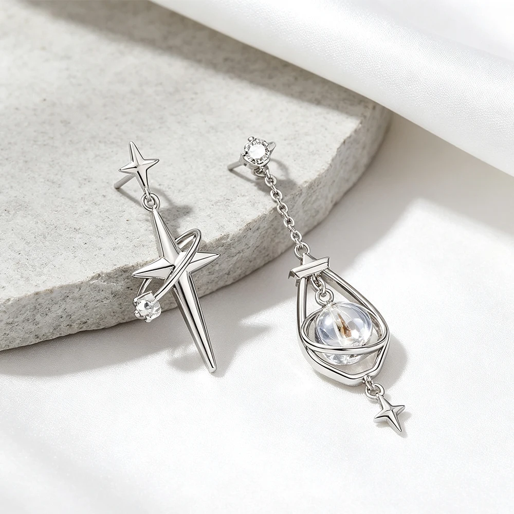 Asymmetric Interstellar Four-Pointed Star Earrings, Rotating Planet Glass Ball Long Earrings, Y2K Sweet and Cool Women's Earrings