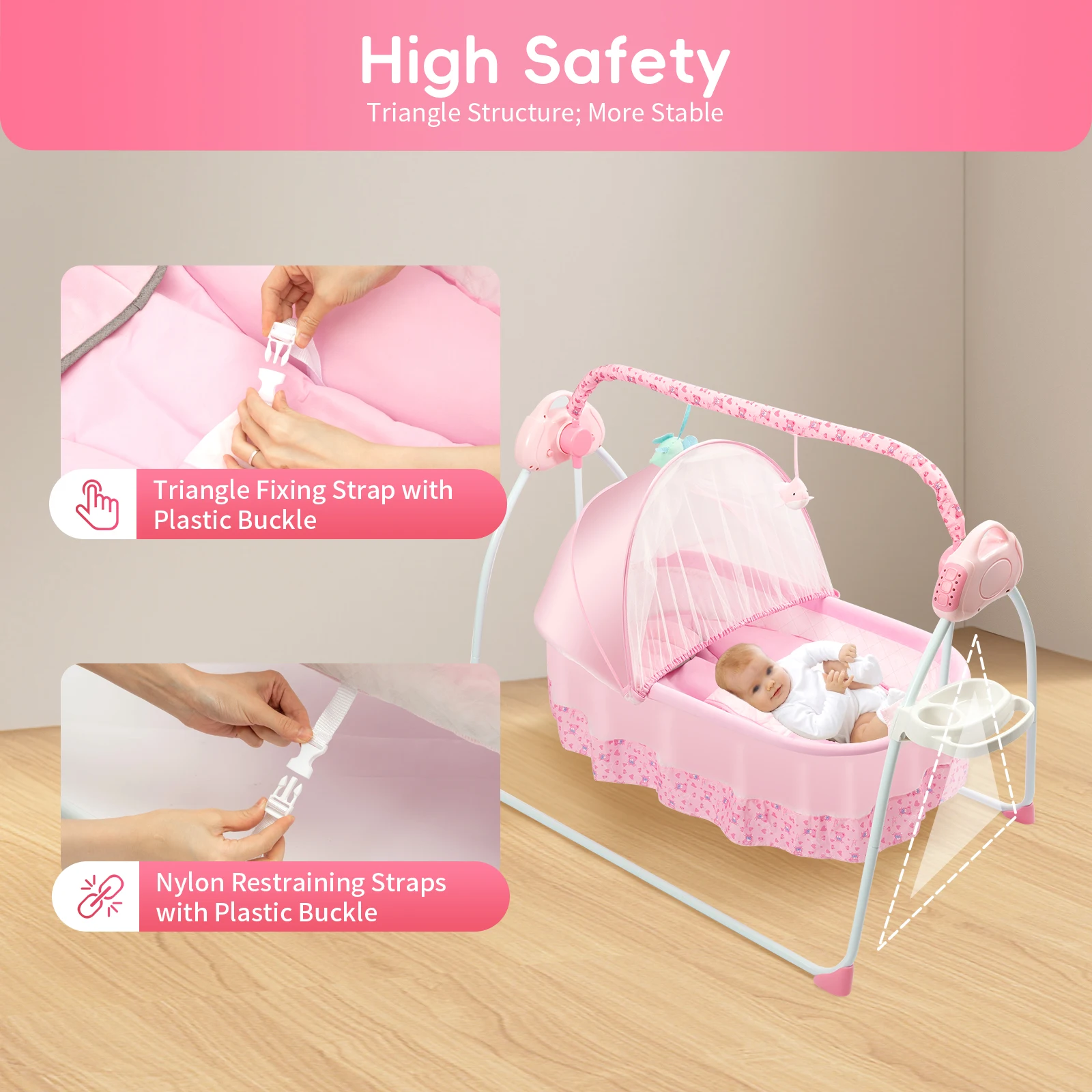 Remote Control Timing Electric Baby Rocking Cradle, Portable Detachable W/ Bluetooth-USB-12 Songs for Infants 0-18 Month