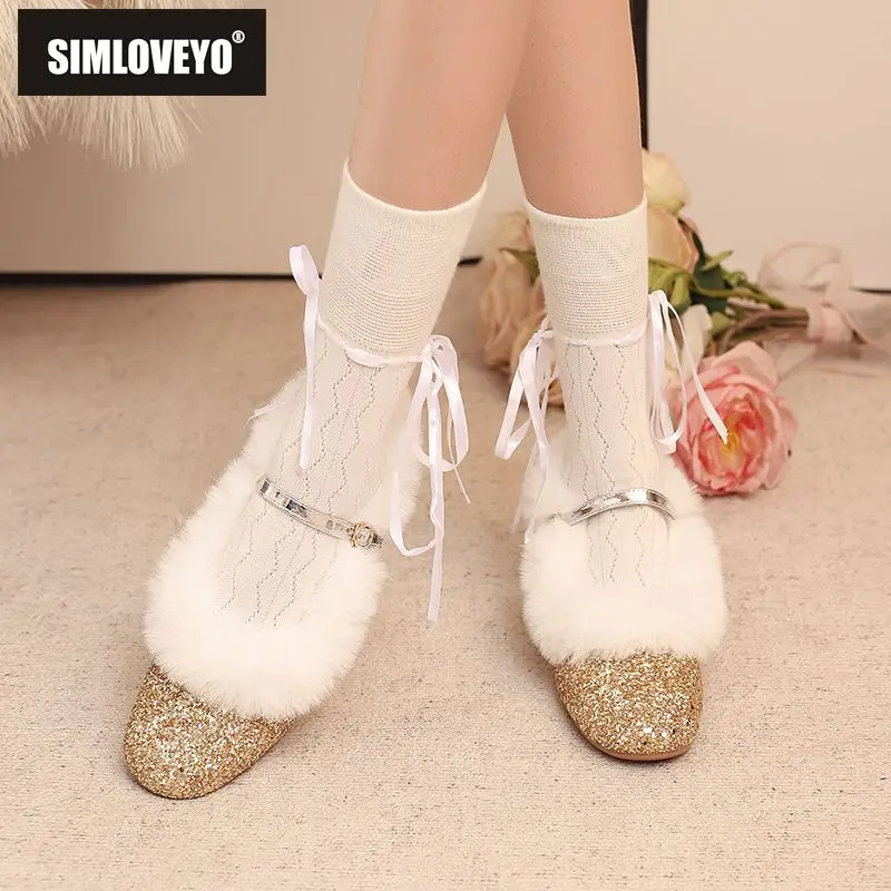 

SIMLOVEYO брендовая блестящая женская обувь на плоской подошве с круглым носком и пряжкой на ремешке с блестками, теплая плюшевая женская обувь ручной работы, размер 41, 42, 43, зима