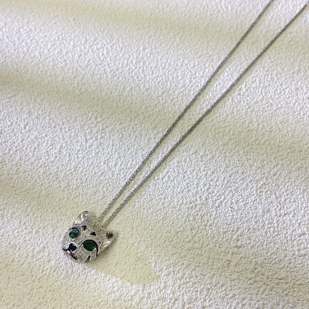 High Quality AAA Zircon Green Eyes Leopard Head Cats Necklace For Women Luxury Fine Jewelry