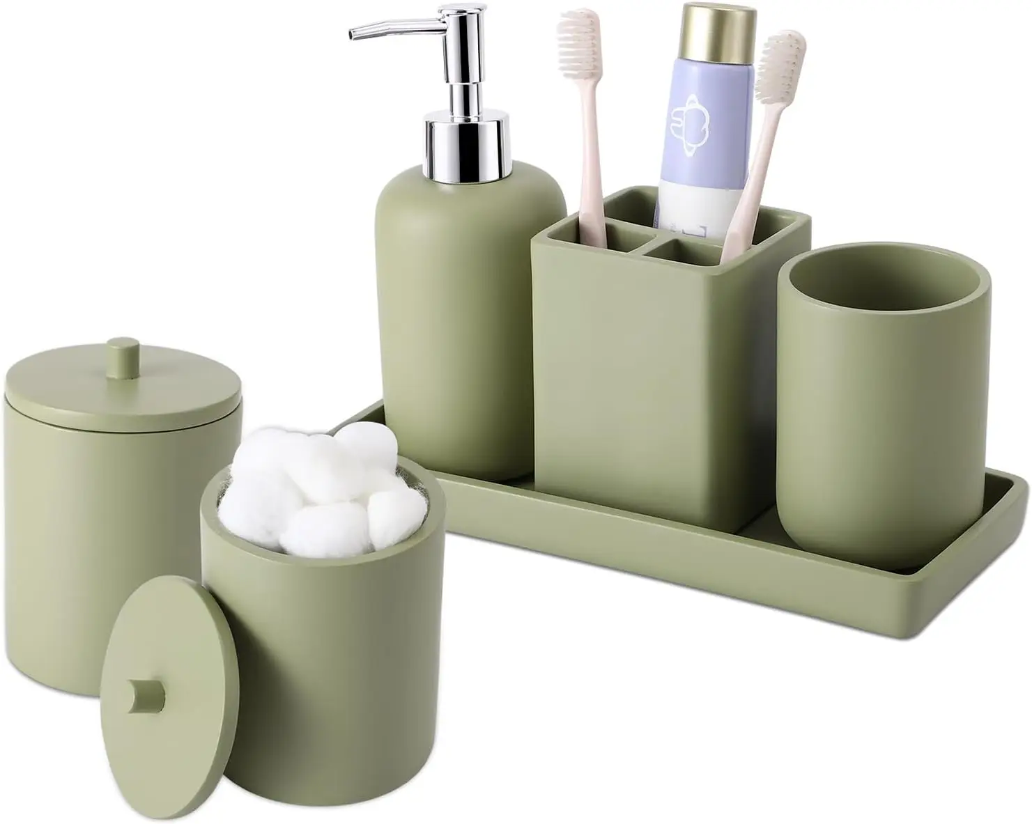 

Resin 6 Pcs Green Bathroom Set Complete with Toothbrush Holder, Lotion Soap Dispenser, 2 Qtip Holder Dispensers,Vanity Tray,Bath