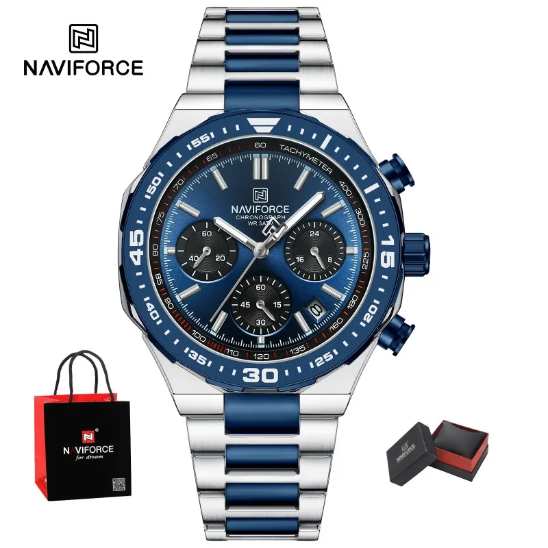NAVIFORC New Stainless Steel Waterproof And Shockproof Classic Quartz Watch Fashion Business Blue Men's Watch Package Gifts 2026