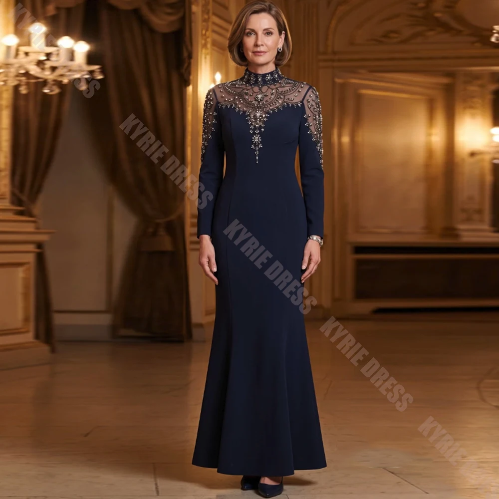 Customized Mother of The Bride Dress Gorgeous Beading Crystal High Neck Full Sleeve Women Wedding Guest Gown Party Evening Dress