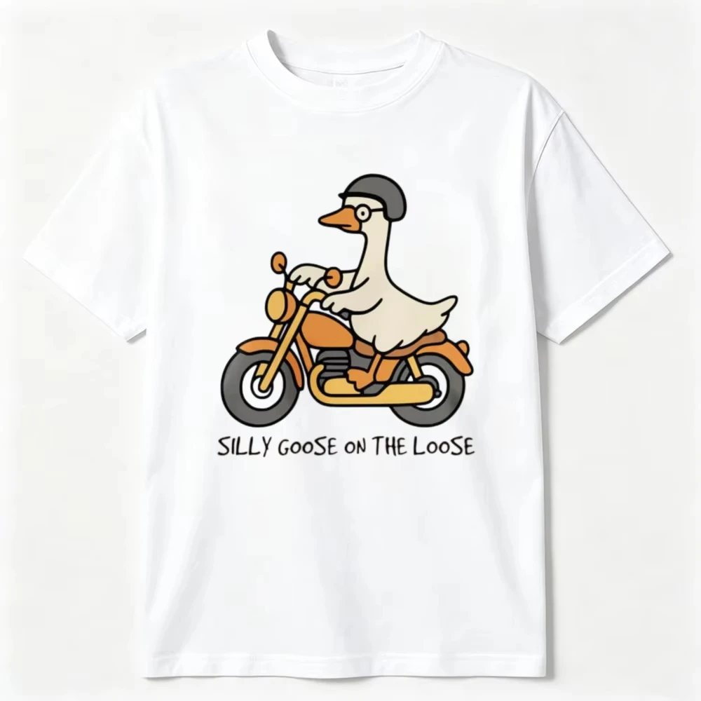 Funny Cartoon Goose Motorcycle Rider Tshirt Silly Goose On The Loose Crew Neck Short Sleeve Trendy Animal Design Women's Tees