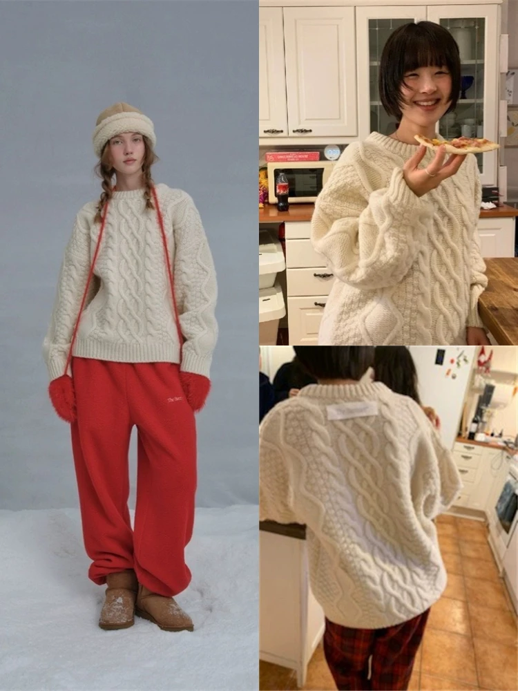 In Stock! 24 Winter South korea Dongdaemun Th * Bar * Net Gentle round Neck Pullover 00 Fleece Twist Sweater Women