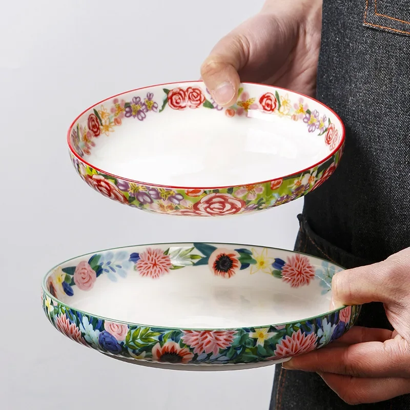 1PC American Pastoral Ceramic Deep Plate Embossed Textured Round Dinner Plates Creative Household Tableware