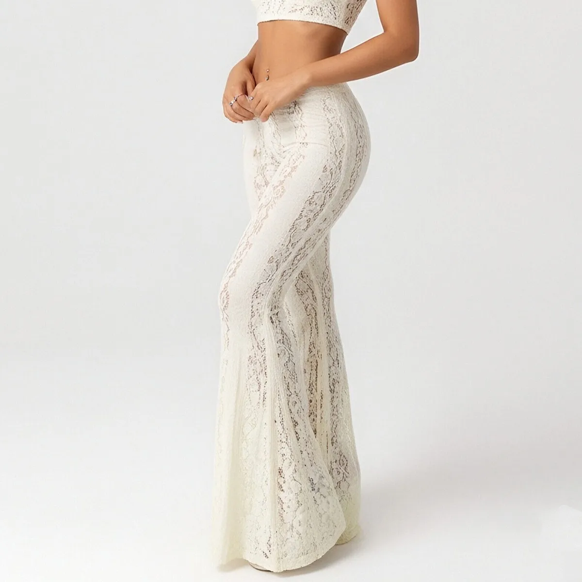 

Summer Women Clothing Pants Knit Low Waist Long Trousers Sheer Full Length Lace Pants Retro Style High Slit Flared Pants
