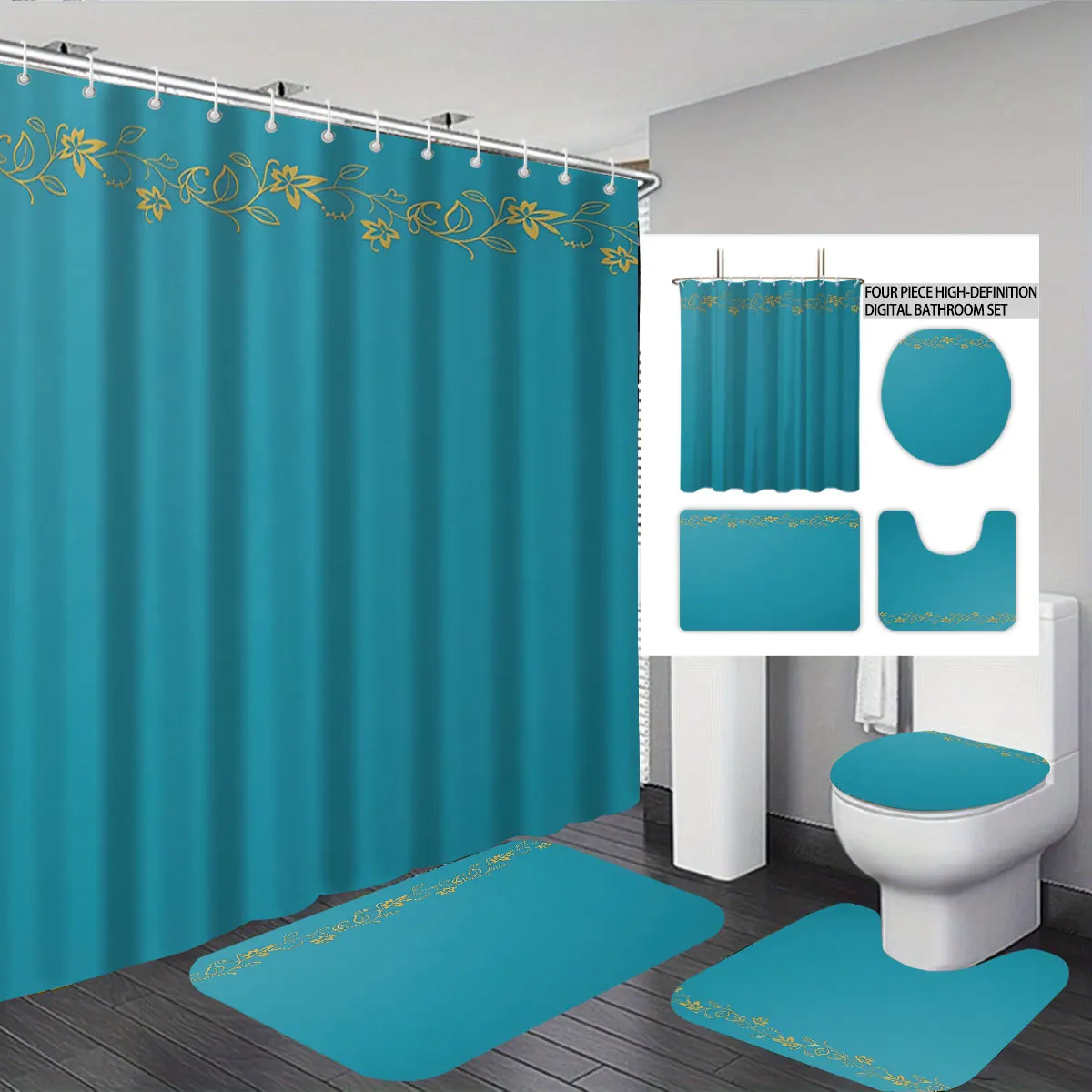 

4PCS Simple Cyan Gold Vine Floral Bathroom Set Curtain ToiletCover U-Shaped Rug Bath Floor Mat