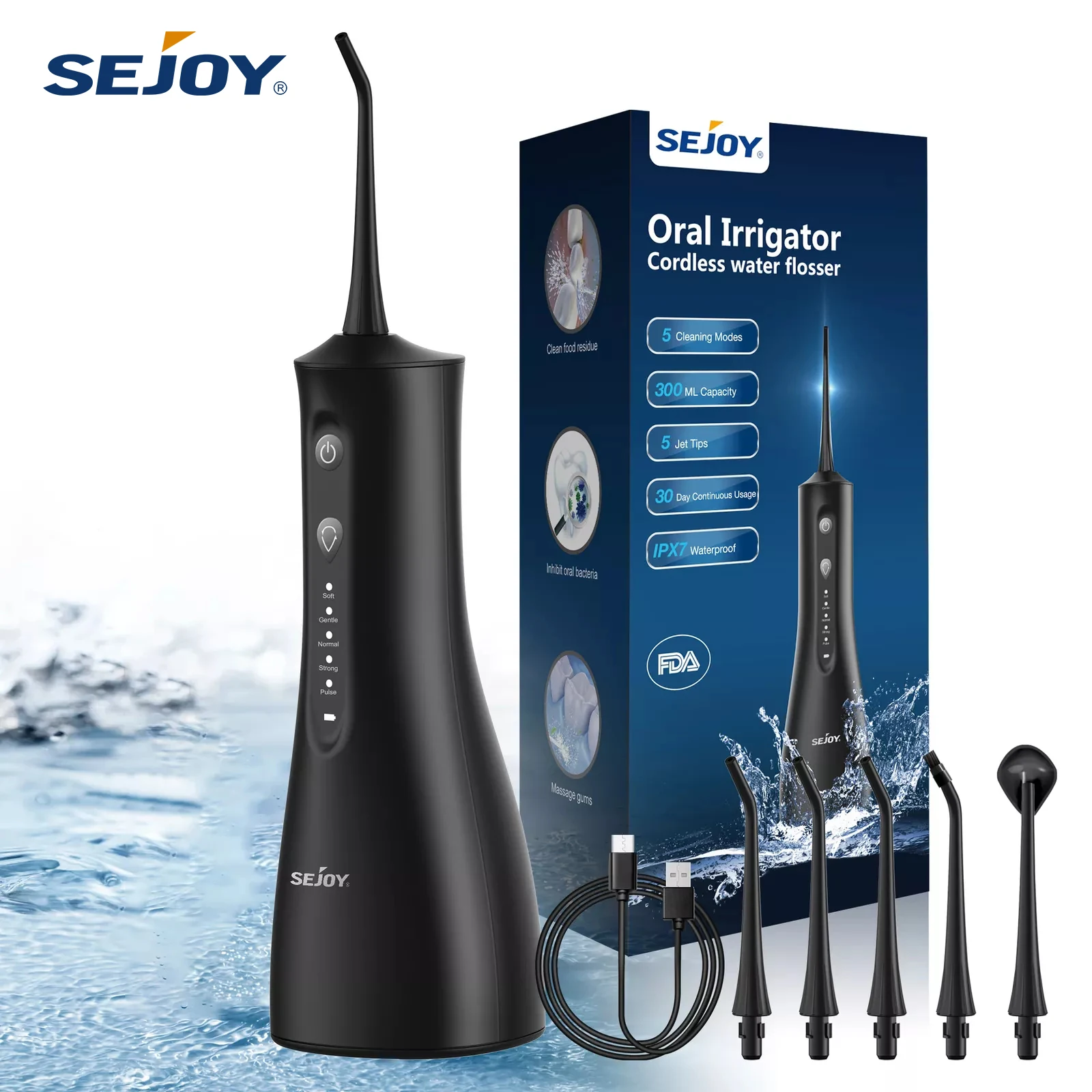 Sejoy Flosser gigi air tanpa kabel, untuk sikat gigi tiruan pembersih gigi 5 ujung IPX7 irigator mulut portabel untuk rumah perjalanan