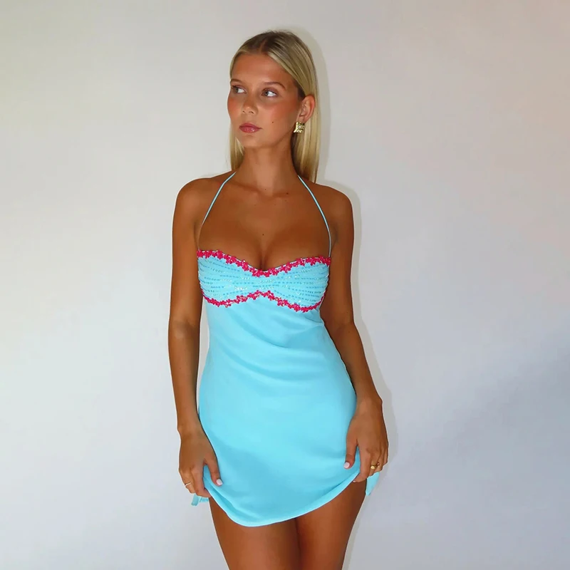 Schickes Niedliches Neckholder-Minikleid Trendiges Retro Glamouröses Lebendiges Sommer-Bodycon-Kleid Damen Sommer-Party Stylische Straßen-Outfits