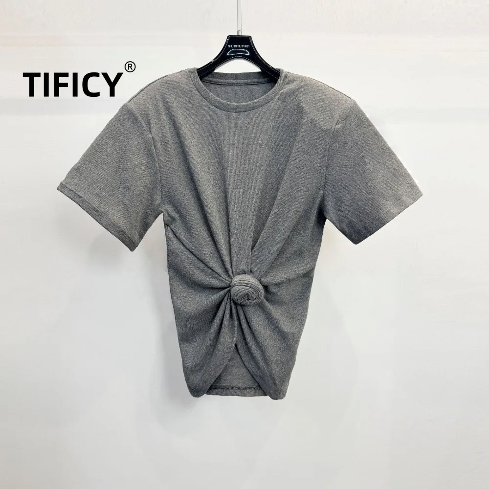 High Street Dark Style Light Spicy T-shirts Women's Twisted Knot Exposed Navel No Collision Sexy Short Sleeved T-shirt Top